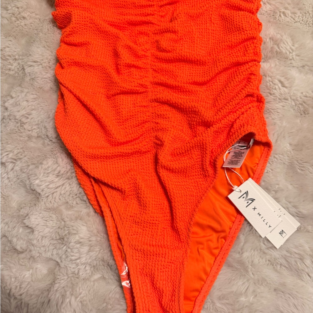 Milly Ruched Neon Orange Textured One-Piece